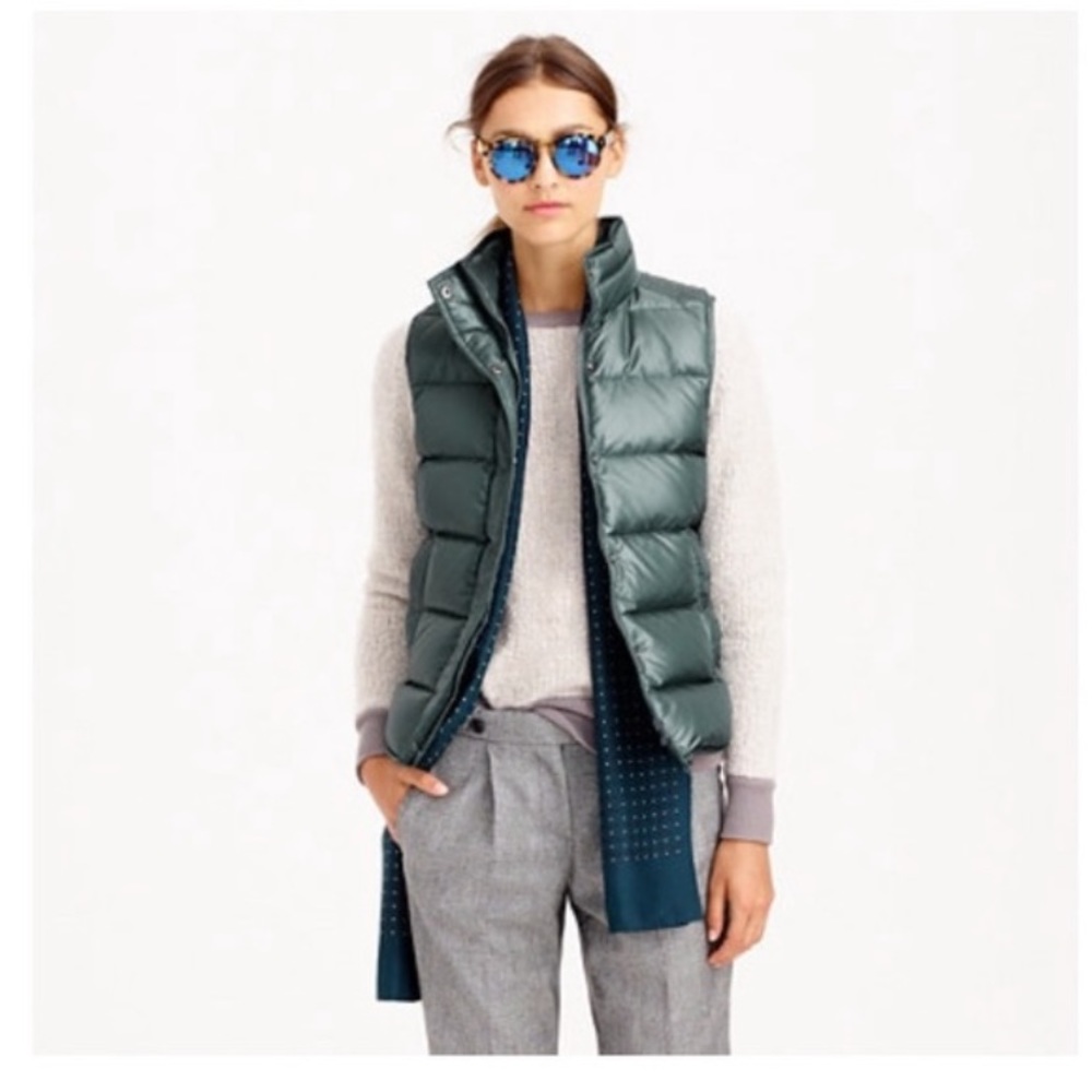 J crew shiny puffer vest green metallic small j. olive emerald jacket